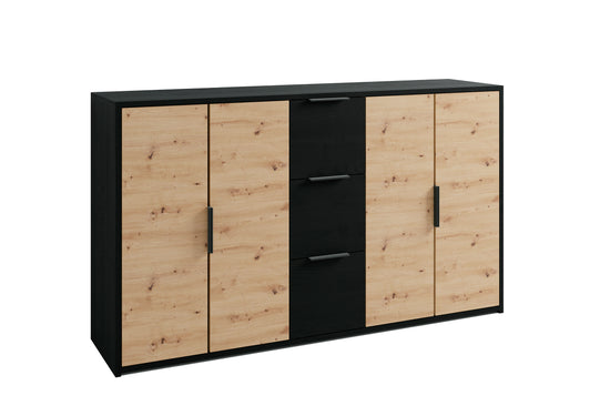 Sideboard RIMINI / Melamin Eiche schwarz und Artisan Eiche / 4 Türen / B 139, H 80, T 39 cm