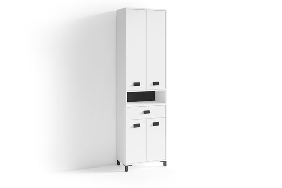 Badezimmer-Hochschrank WELLNESS in Artisan Eiche, Griffe aus Metall in schwarz / Badezimmerschrank 4 Türen mit offenen Elementen & viel Stauraum / B 54, H 193, T 31 cm